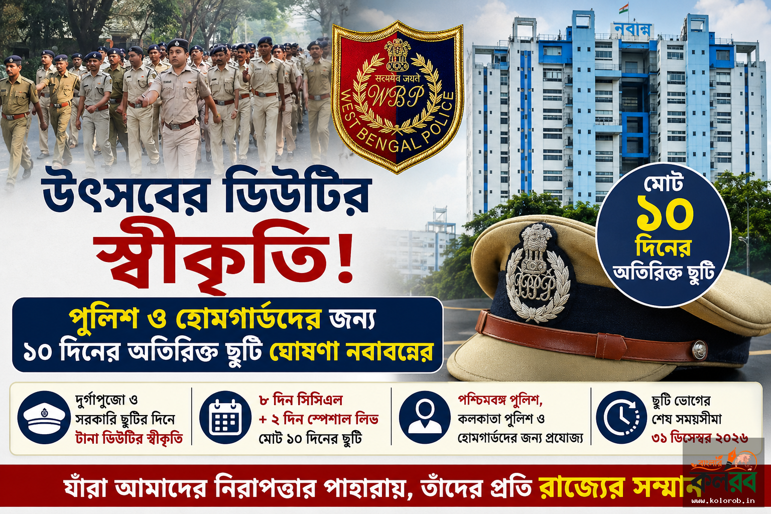 উৎসবের ডিউটির স্বীকৃতি, পুলিশ ও হোমগার্ডদের জন্য অতিরিক্ত ১০ দিনের ছুটি ঘোষণা নবান্নের