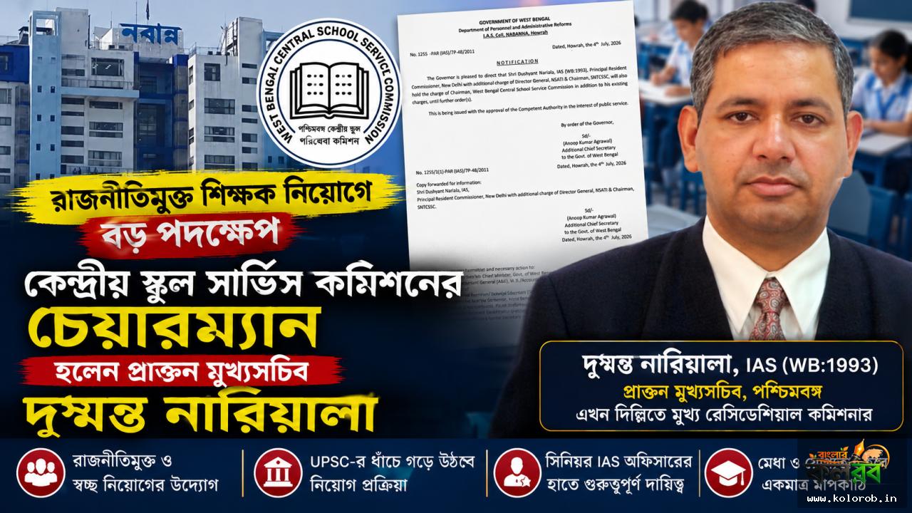 রাজনীতিমুক্ত শিক্ষক নিয়োগে বড় পদক্ষেপ, কেন্দ্রীয় স্কুল সার্ভিস কমিশনের চেয়ারম্যান হলেন প্রাক্তন মুখ্যসচিব দুষ্মন্ত নারিয়ালা