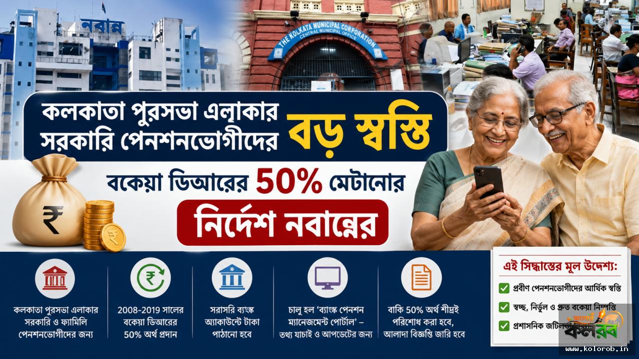কলকাতা পুরসভা এলাকার সরকারি পেনশনভোগীদের বড় স্বস্তি, বকেয়া ডিআরের ৫০% মেটানোর নির্দেশ নবান্নের