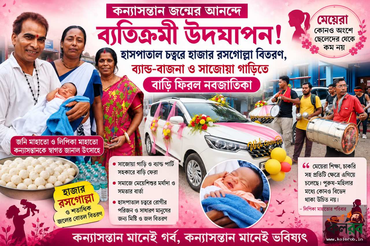 কন্যাসন্তান জন্মের আনন্দে ব্যতিক্রমী উদযাপন! হাসপাতাল চত্বরে হাজার রসগোল্লা বিতরণ, ব্যান্ড-বাজনা ও সাজোয়া গাড়িতে বাড়ি ফিরল নবজাতিকা
