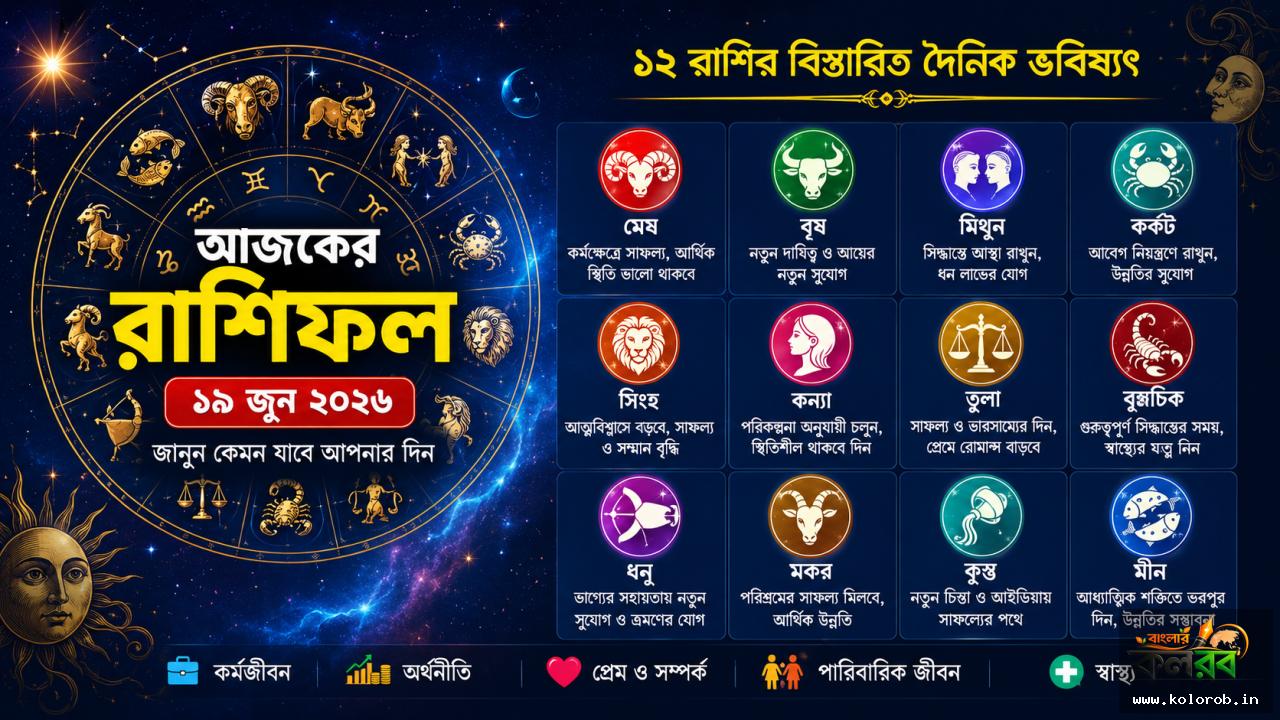 আজকের রাশিফল ১৯ জুন ২০২৬: কর্মক্ষেত্রে সাফল্য, আর্থিক উন্নতি নাকি নতুন সুযোগ? জানুন ১২ রাশির ভাগ্যফল